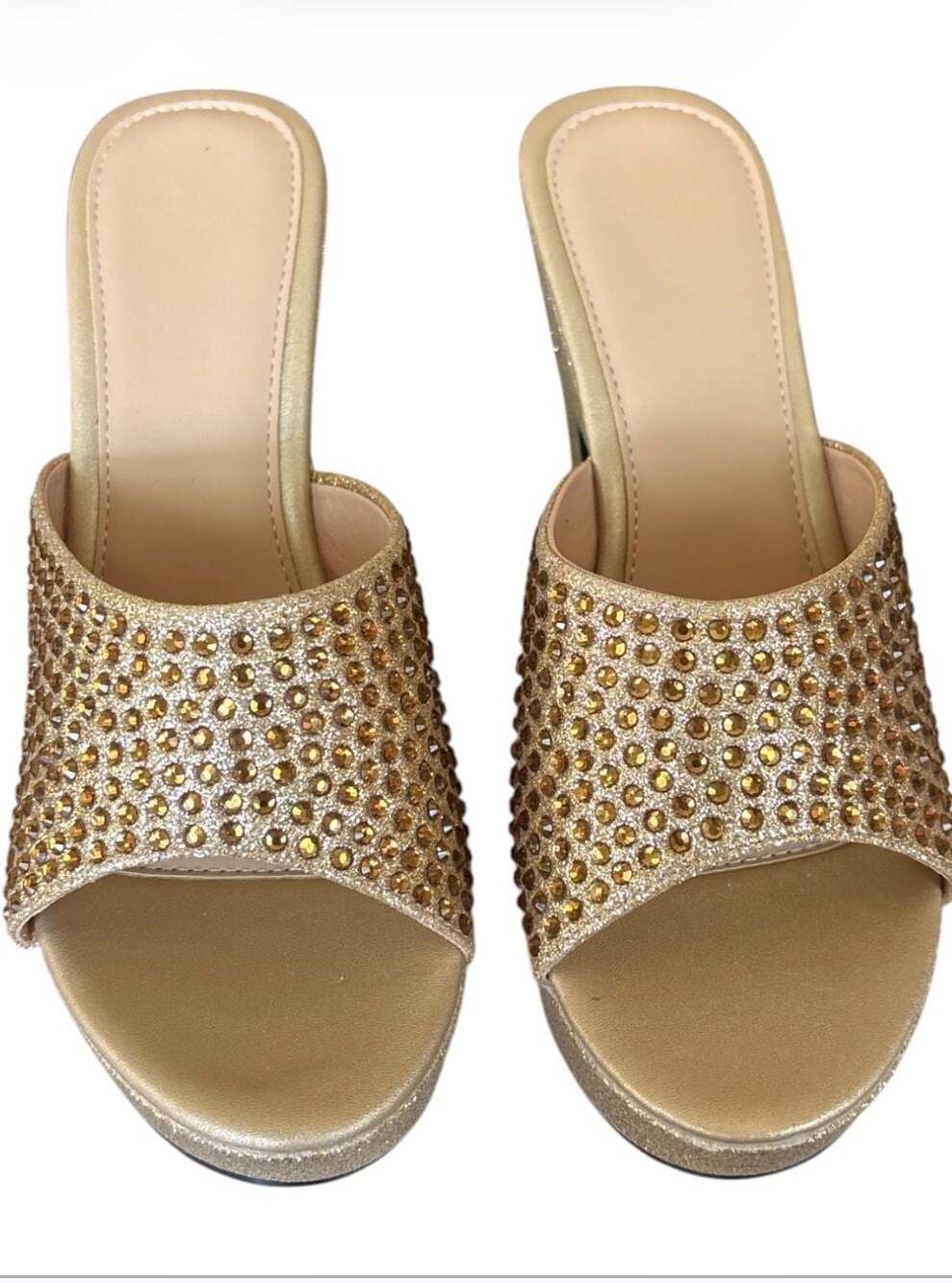 Gold Glitter Rhinestone Platform Block Heel Slide Sandals